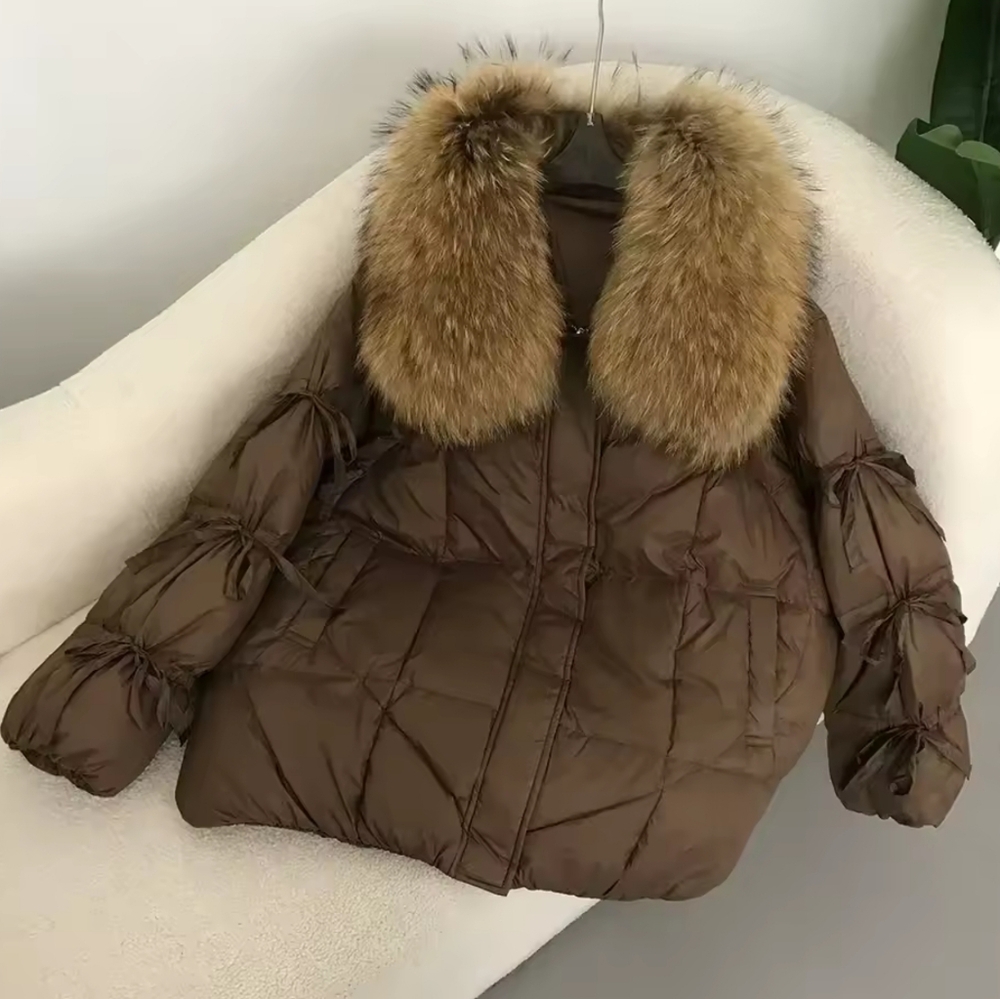 Natural Fur Coat Winter Down Coat Bow Tie Sleeve Fashion Luxury Puffer Coat - Picture 3 of 7